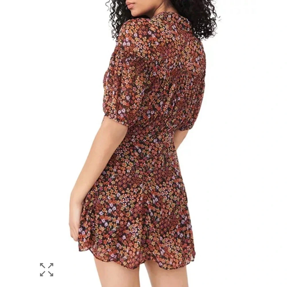 Free People Floral Mini Dress Button Front Puff Sleeve Ditsy Print Brown Multi